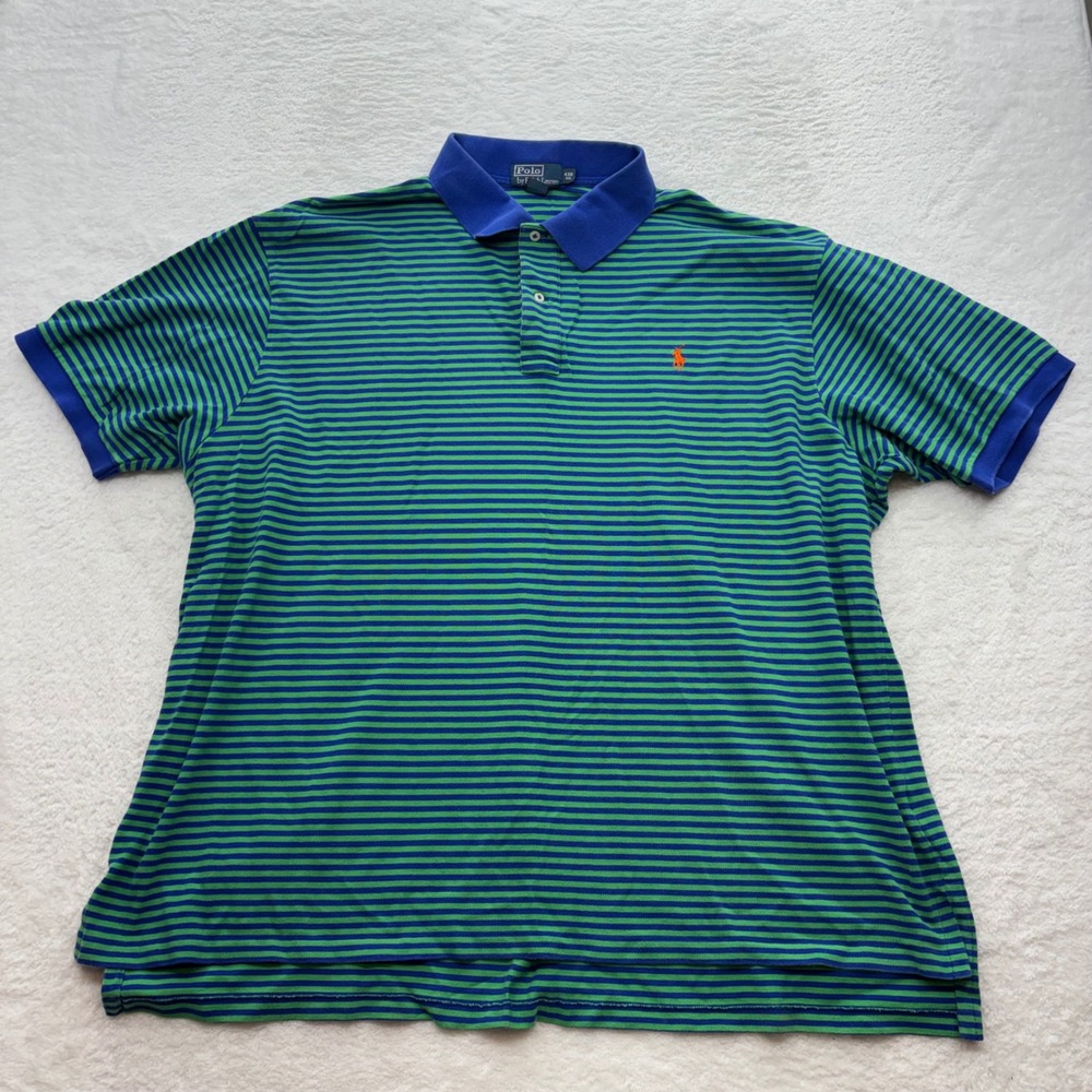 Polo Ralph Lauren Mens 4XB Big & Tall Blue Green Striped Short Sleeve Polo Shirt
